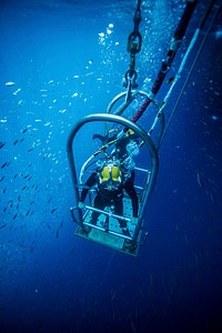 U.S. Navy divers with Mobile Diving and Salvage Unit 2, Company 2-1 hold onto the diving stage as it lowers them through a water column during dive training operations with the salvage ship USNS Grapple (T-ARS 53) in Key West, Fla., Sept. 25, 2013.