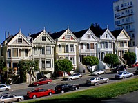 Painted Ladies Alamo Square. One of the most photographed locations in San Francisco, Alamo Square's famous "postcard row" at Hayes and Steiner Streets is indeed a visual treat. A tight, escalating formation of Victorian houses is back-dropped by downtown skyscrapers, providing a stunning contrast. The grassy square itself is an ideal midday break. Original public domain image from Flickr