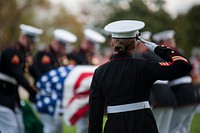 U.S. Marine Corps Sgt. Katie Maynard salutes as a casket is lowered during a funeral ceremony at Arlington National Cemetery Oct. 24, 2013.