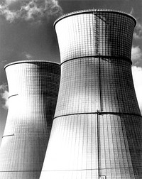 These two 43 story tall natural draft evaporation towers at Ranco Seco Nuclear Generating Station will dissipate waste heat by recycling the turbine condenser cooling water at the rate of a half a million gallons per minute. Circa 1974. Original public domain image from Flickr