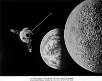 A stylized view of the moon, the earth, and NASA&#39;s Pioneer 10 spacecraft model. Circa 1972. Original public domain image from <a href="https://www.flickr.com/photos/departmentofenergy/10822441195/" target="_blank">Flickr</a>
