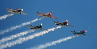 Yak 52sThe Yakovlev Yak-52 is a Soviet primary trainer aircraft which first flew in 1976. It is still being produced in Romania by Aerostar, which gained manufacturing rights under agreement within the now defunct COMECON socialist trade organisation. Original public domain image from Flickr