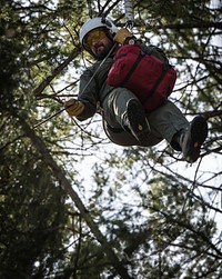 Veteran wildland firefighter rappellers use various techniques to negotiate the wind from the helicopter rotor blades above them, and away from tree branches, beside and below, as they perform a controlled and safe descent at the U.S. Department of Agriculture (USDA) U.S. Forest Service (USFS) National Helicopter Rappel Program’s Rappel Academy at Salmon Air Base in Salmon, ID on Thursday, May 15, 2014.