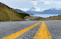 Road to Mount Cook. NZThe scenic drive to Mount Cook National Park offers 55 km of lake, mountain, and bush scenery