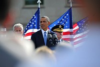 President Barack Obama speaks during the 9/11 memorial ceremony at the National 9/11 Pentagon Memorial at the Pentagon in Arlington, Va., Sept. 11, 2014.