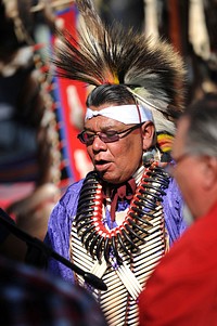 David Patterson, Sac and Fox tribe member, from Long Beach California, beats the Southern drums during the Gourd dance portion of the Native American Veterans Association&#39;s Annual Veterans Appreciation and Heritage Day Pow Wow in South Gate, Calif., Nov. 8th and 9th.