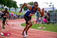 Air Force’s Trent Smith launches from the running blocks during the 400 meter dash of the Department of Defense Warrior Games at Marine Corps Base Quantico, Va. June 28, 2015. Original public domain image from Flickr