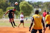 150815-A-ZA034-205 SANTO DOMINGO, Dominican Republic (Aug. 15, 2015) Sailors, assigned to Military Sealift Command hospital ship USNS Comfort (T-AH 20), participate in a soccer game with Dominican Republic service members during a community relations event established at Parque del Este in support of Continuing Promise 2015.