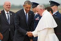 President Barack Obama greets Pope Francis at Joint Base Andrews, Md., Sept. 22, 2015. This marks the first visit by the current pope to the United States. (U.S. Air Force photo/Tech. Sgt. Robert Cloys). Original public domain image from Flickr