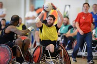 Wounded Warriors from all branches of the Armed Forces participate in All Service Rugby Competition during Warrior Care Month 2015/Joint Services Wheelchair Rugby Exhibition at Joint Base Andrews, Maryland. Original public domain image from Flickr