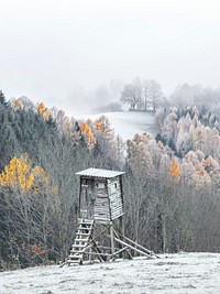 Hunting hut in forest during winter. Free public domain CC0 image.