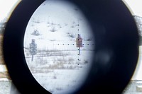 Long-distance targets are seen through a spotting scope as paratroopers assigned to the 1st Squadron, 40th Cavalry Regiment (Airborne), 4th Infantry Brigade Combat Team (Airborne), 25th Infantry Division, U.S. Army Alaska, hone marksmanship skills with M110 Semi-Automatic Sniper Systems and M2010 Enhanced Sniper Rifles on Statler range at Joint Base Elmendorf-Richardson, Alaska, April 6, 2018. A sniper's main responsibility is to deliver discriminatory, highly accurate rifle fire against enemy targets that cannot be engaged successfully by the regular rifleman due to range, size, location, fleeting nature, or visibility. (U.S. Air Force photo/Justin Connaher). Original public domain image from Flickr