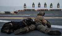 MEDITERRANEAN SEA (March 4, 2018) Marine Cpl. Zack Barkley, from Statesville, North Carolina, fires an M4 rifle during a 26th Marine Expeditionary Unit live-fire exercise on the flight deck of the Wasp-class amphibious assault ship USS Iwo Jima (LHD 7) March 4, 2018.