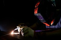 MEDITERRANEAN SEA. Aviation Structural Mechanic 2nd Class Richard David welds support equipment in the airframe shop aboard the Nimitz-class aircraft carrier USS Harry S. Truman (CVN 75).