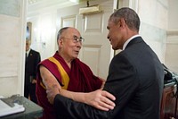 President Barack Obama greets His Holiness the Dalai Lama at the entrance of the Map Room of the White House, June 15, 2016.