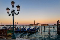 A row of gondolas in water. Free public domain CC0 photo.