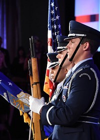 The Los Angeles Air Force Base Honor Guard Presents the Colors at the Air Force Association’s annual Los Angeles Air Force Ball in Beverly Hills, Calif., Nov.17, 2017. Original public domain image from Flickr