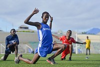 Mohamed Daud Mohamed, Somalia's representative at the Rio Olympics, leads other athletes during training at Banadir Stadium in Mogadishu on July 23, 2016. AMISOM Photo / Omar Abdisalan. Original public domain image from Flickr