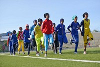 Somali female athletes jog during a training session at Banadir Stadium in Mogadishu on July 23, 2016. AMISOM Photo / Omar Abdisalan. Original public domain image from <a href="https://www.flickr.com/photos/au_unistphotostream/28532155385/" target="_blank" rel="noopener noreferrer nofollow">Flickr</a>