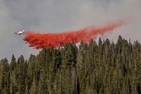 Aircraft drops flame retardant chemicl on the Pioneer Forest.