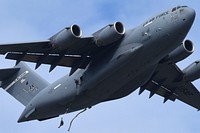 Arctic Thunder Open HouseParatroopers with the 4th Infantry Brigade Combat Team (Airborne), 25th Infantry Division, U.S. Army Alaska, jump out of a Joint Base Elmendorf-Richardson C-17 Globemaster III during the Joint Forces Demonstration at the Arctic Thunder Open House on JBER, Alaska, June 30, 2018. During the biennial open house, JBER opens its gates to the public and hosts multiple performers including the U.S. Air Force Thunderbirds, JBER Joint Forces Demonstration and the U.S. Air Force F-22 Raptor Demonstration Team. (U.S. Air Force photo by Senior Airman Curt Beach). Original public domain image from Flickr