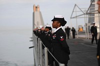 BATUMI, Georgia (Oct. 12, 2016) Petty Officer 2nd Class Alicia Hopkins, from Orlando, Fla., mans the rails aboard the U.S. 6th Fleet command and control ship USS Mount Whitney (LCC 20) as the ship arrives in Batumi, Georgia for a scheduled port visit Oct. 12, 2016.