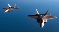 U.S. Air Force F-22 Raptors from the 95th Fighter Squadron, 325th Fighter Wing, Tyndall Air Force Base, Fla., fly in formation after an air refueling over the Mediterranean Sea. After refueling, the F-22s trained with Spanish aircraft and landed at Los Llanos Air Base in Albacete, Spain where a pilot briefed the Raptor’s capabilities to military and civilian personnel from NATO allied nations.
