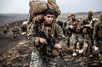 A U.S. Marine with the 24th Marine Expeditionary Unit (MEU) carries cold weather equipment as he begins to march across the Icelandic terrain October 19, 2018.