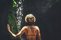 Woman at waterfall, background photo. Free public domain CC0 image.