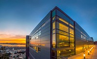 Berkeley lab's Wang hall (computational research theory facility/ national energy research scientific computing center) exterior photos at sunset. Original public domain image from Flickr