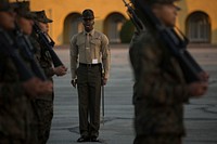A U.S. Marine Corps drill instructor with Alpha Company, 1st Recruit Training Battalion, gives his platoon a command during a final drill evaluation at Marine Corps Recruit Depot San Diego, Dec. 22, 2018.