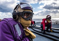 MEDITERRANEAN SEA (Jan 5, 2019) &ndash; Gas Systems Turbine (Mechanical) Fireman Kahlil Griffin prepares for helicopter in-flight refueling aboard the Arleigh Burke-class guided-missile destroyer USS Porter (DDG 78) in the Mediterranean Sea, Jan 5, 2019.