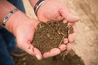 Bill Kimm holds a handful of soil from his farm near Manhattan, Mont. He said healthy soil has a rich, earthy smell. Gallatin County, Montana. June 2017. Original public domain image from Flickr