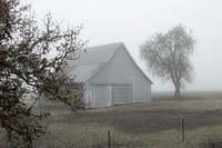 Old metal barn in heavy fog in Oregon.