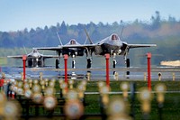 F-35A Lightning II aircraft assigned to the 34th Fighter Squadron at Hill Air Force Base, Utah, land at RAF Lakenheath, England, April 15, 2017.