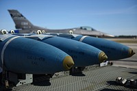 Three GBU-31 bombs are ready to be loaded onto the F-16 Fighting Falcon fighter jets at Tyndall Air Force Base, Florida on Mar. 11, 2017.