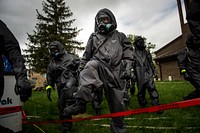 U.S. Soldiers with the 51st Chemical Biological Radiological Nuclear Company, prepare to treat victims at a decontamination field site during Guardian Response 17 at the Muscatatuck Urban Training Center, Ind., April 27, 2017.