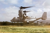 A U.S. Marine Corps MV-22 Osprey aircraft with Marine Medium Tiltrotor Squadron (VMM) 268 departs the Boondocker Training Area aboard Marine Corps Base Hawaii on May 31, 2017.