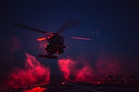 MEDITERRANEAN SEA. An MH-60R Sea Hawk helicopter, assigned to Helicopter Maritime Strike Squadron (HSM) 46, Det. 1, lands aboard the Arleigh Burke-class guided-missile destroyer USS Ross (DDG 71) May 23, 2017.