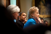 President Barack Obama holds a Homeland Security Council meeting to discuss H1N1 flu in the Cabinet Room May 1, 2009, including Secretary of Health and Human Services, Kathleen Sebelius, and Secretary of State Hillary Clinton.