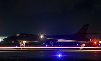 A U.S. Air Force B-1B Lancer aircraft assigned to the 9th Expeditionary Bomb Squadron, deployed from Dyess Air Force Base, Texas, prepares for take off from Andersen Air Force Base, Guam, to conduct bilateral training mission with Royal Australian Air Force Joint Terminal Attack Controllers (JTACs) July 18, 2017.