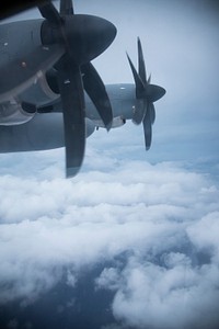 A U.S. Air Force WC-130J Super Hercules aircraft flies in the center of Hurricane Harvey during a flight into the storm over the Gulf of Mexico, Aug. 24, 2017. (U.S. Air Force photo by Staff Sgt. Heather Heiney) www.dvidshub.net. Original public domain image from Flickr