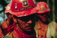 Fireman at Entiat Fire, Wenatchee Nat'l Forest, Redding hotshots fight fire 1970. Original public domain image from Flickr