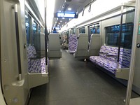 Inside a Class 345 train which when photographed was being used on the local / 'all stations' TFL Rail service along the Great Eastern Main Line (GEML) between London Liverpool Street station and Shenfield stations.