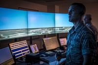 U.S. Air Force Tech. Sgt. Daniel Rocha and Tech. Sgt. Steven Pietras, Air Traffic Controllers assigned to the 245th Air Traffic Control Squadron, South Carolina Air National Guard, exercise air traffic control operations on the unit’s state of the art tower simulator system at McEntire Joint National Guard Base, S.C., Aug. 12, 2017.