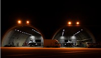 Two U.S. Air Force F-16 Flying Falcon aircraft are seen in hangars during Exercise Beverly Herd 17-3 at Osan Air Base, Republic of Korea, Sept. 17, 2017.