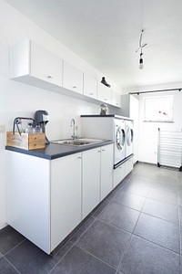 Modern white kitchen. Free public domain CC0 photo.