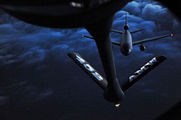 A U.S. Air Force KC-10 Extender aircraft from the 9th Air Refueling Squadron out of Travis Air Force Base, Calif., flies in to refuel from a KC-135R Stratotanker aircraft assigned to the 336th Aerial Refueling Squadron Aug. 4, 2009, over March Air Reserve Base, Calif.