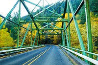 Bridge with fall trees, Oregon