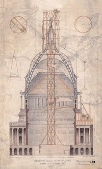 Section Showing Scaffolding Design 1863, U.S. Capitol Dome. Pen, Ink and watercolor. Original plan for raising Statue of Freedom to top of dome. Original public domain image from Flickr